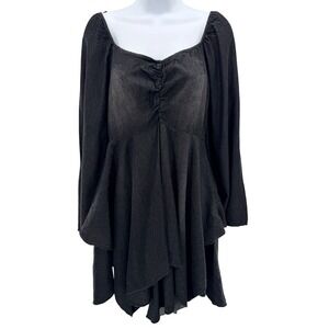 Pretty Damage Black Acid Wash Bell Sleeve Ruched Mini Dress Grunge Goth Witchy M